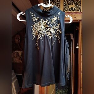 Together Black Top with Gold Floral Embroidery